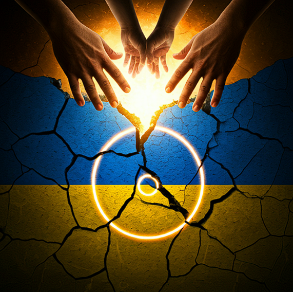 Cracked Ukrainian flag with glowing nuclear symbol and hands reaching toward light, symbolizing conflict, resilience, and global tensions.